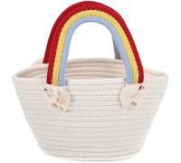 Hemobllo Rainbow Handle Woven Tote Bag with Cotton Rope, White Summer Beach Handbag for Outdoor, Holiday, and Travel Use, Portable 1pcs Seaside Storage Pouch for Women