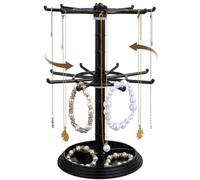 Hemobllo Rotating 2-Tier Jewellery Stand with 16 Hooks, Black Metal - 360° Necklace & Keychain Holder, Space-Saving Vanity Storage for Bracelets, Hair Ties, Small Accessories