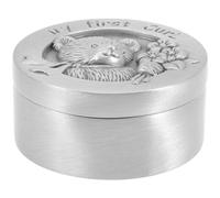 Hemobllo Silver Stainless Steel Baby Keepsake Hair Box for Boys Smooth Surface and Cartoon Design Round Metal Container for First Hair Gathering and Souvenir Storage
