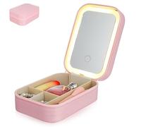 Hemobllo Small Makeup Case Box with LED Mirror and Three Brightness Levels, Pu Material Cosmetic Organizer for Travel and Jewelry Storage, 1200mah Rechargeable Pink Makeup Bag with Lighted