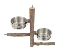 Hemobllo Stainless Steel Bird Bowl with Brown Wood Perch for Parrots and Cockatiels, Comfortable Standing Plaything Perch Providing a Private Relaxing Spot in Birdcages