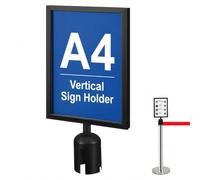 Hemobllo Vertical Stanchion Sign Holder with Retractable Belt Frame for Queue Barrier Airport Guidance Office and Event Signage Metal A4 Poster Stand Black
