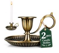 Hemobllo Vintage Taper Candlestick Holders Set of 2, Bronze Chamberstick with Handle & Catch Tray, Retro Metal Candle Holder for Standard Sticks, Table Centrepiece Decor for Dining, Christmas
