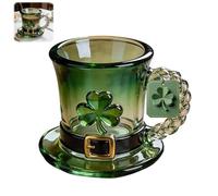 Hemoravoma Lucky Shamrock Leprechaun Hat Glass Mug, Emerald Green Irish Coffee Cup 11oz, Reusable St. Patrick's Day Party Glass Holiday Table Centerpiece & Spring Decorations