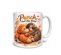 Hemoravoma Punch and His Bear Mug, Cute Monkey with Orangutan Teddy Design 11oz Ceramic Coffee Cup Adorable Drinking Cup Gift for Family & Animal Lovers
