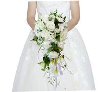 Hemore 21.7" Artificial Rose Cascading Wedding Bouquet with Ribbon, Romantic Bridal Bouquet, White
