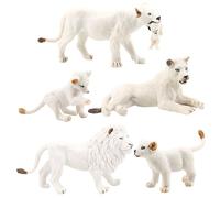Hemore 5Pcs Realistic Lions Statue, Male, Female & Cub, Decorative & Educational, White Plastic, 13.5x7cm/5.31x2.76inch