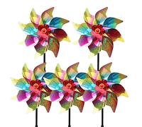 Hemore Pinwheels for Yard and Garden, 5pcs 24cm Reflective Pinwheels to Scare Birds Away, Sparkly Pinwheel with Stake, Colorful Windmill for Yard (Rainbow)