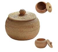 Hemore Rattan Box with Lid Round Dustproof 5.91x5.91x4.72inch Woven No Odor Solid Color Wicker Storage Basket for Home Farmhouse Kitchen, Wicker Basket with Lid, Rattan Storage Box