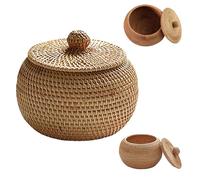 Hemore Round Rattan Basket, 5.9inch Small Wicker Woven Rattan Box with Lid, Multi-Purpose Wicker Tray, Wicker Basket with Lid, Rattan Storage Box for Home Farmhouse Kitchen
