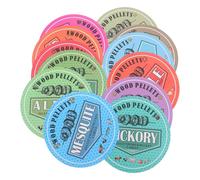 HEMOTON 12pcs Large 100mm Wood Pellet Smoker Labels for BBQ and Grill Pellets Storage Containers - Round PVC Flavor Classification Stickers for Smoker Accessories and Outdoor Cooking