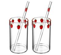 HEMOTON 2 Pack Strawberry Printed Milk Cups 10.5Oz Glass Tumblers with Straws for Tea Juice Coffee and Daily Home Use