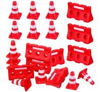 HEMOTON 24pcs Mini Road Cones and Traffic Fence Set, Red Traffic Cone and Water Barricade Playset, Educational Road Signs for Learning and Role Play