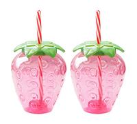 HEMOTON 2Pc Strawberry Sip Cups with Straw and Lid Clear Plastic Beverage Mugs for Coffee Tea Juice Lightweight Reusable Drinking Cups for Home and Outdoor Use