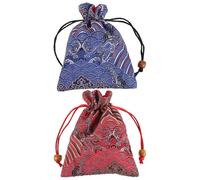HEMOTON 2pcs Handmade Silk Brocade Drawstring Pouch with Wooden Bead Straps - Double-layer Candy and Coin Storage Bags - Red and Blue Brocade Travel Sachets for Wrapping and Party Use