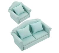 HEMOTON 2pcs Mini Wooden Sofa Chair with Vibrant Green Fabric Dollhouse Couch and Armchair with Pillow Vintage Style for Dollhouse Accessories and Miniature Scenes