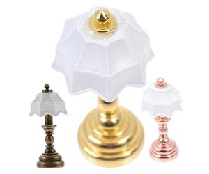 HEMOTON 3pcs Miniature LED Desk Lamps for Dollhouse Decor, Micro Landscape Bedside Lamps with White Shades in Gold, Rose Gold, and Brown Bases, Mini House Desktop Lighting Accessories