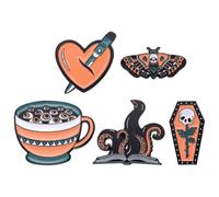 HEMOTON 5pcs Halloween Lapel Pin Set Featuring Creative Skull, Butterfly, Heart, Coffin, and Book with Fire Shapes, Alloy Material, Not Easy to Deform, for Daily Outfits and Festival