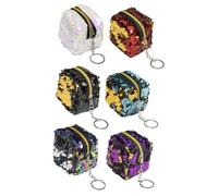 HEMOTON 6pcs Sequin Mini Coin Purses Zippered Cubic Wallets Portable Change Bags for Women in Red Purple Green