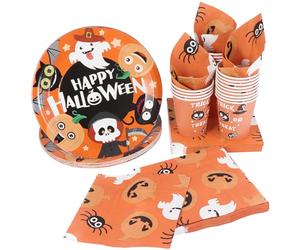 HEMOTON 96pcs/24Set Halloween Party Tableware Set Paper Plates Cups Napkins | Dinnerware Set for 24 Guests, 24 Plates, 24 Cups and 48 Napkins for Halloween Parties and Family Gatherings