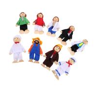 HEMOTON 9pcs Wooden Dollhouse Family Set with Articulated Career Role Play Figures for Movable Joint Mini Dolls in Fabric Clothes Montessori Educational Storytelling