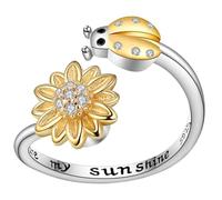 HEMOTON Adjustable Women’S Sunflower Ladybug Open Finger in White Gold Tone, Creative Floral Band for Teens and, Stress Jewelry Gift for Valentine’S Day