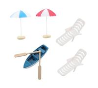 HEMOTON Beach Style Miniature Decor with Red Blue Umbrellas Beach Chairs Blue Boats Wooden Oars for DIY Fairy Garden Mini Courtyard Micro Landscape Home Decoration