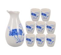 HEMOTON Ceramic Sake Pot and Cups Set 9 Pieces, Blue Ceramic Material, About 250ml Pot Capacity and 20ml Cups, Elegant Printed Design for Holiday and Home Decoration