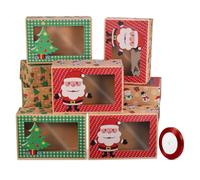 HEMOTON Christmas Cookie Boxes Doughnut Boxes Bakery Box Christmas Kraft Paper with Clear Window,Gift for Presents Green and Red Holiday Designs with Xmas Ribbons for on Holiday Party(Set of 12)