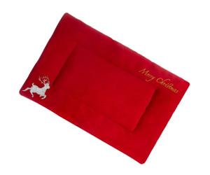 HEMOTON Christmas PET Bed Mat Plush Red Rectangular Warm Cozy Cushion | Embroidered Deer Pattern, Cloth and Plush Build, Nap Pad for Cats and Dogs, Festive Seasonal Use