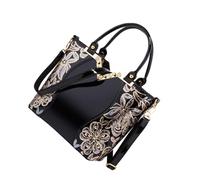 HEMOTON Fashionable Embroidered Pu Women Handbag with Large Capacity and Strong Construction, Practical for Day Trip and Working, Black Glossy Shoulder Bag with Simple Stylish Design