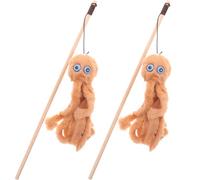 HEMOTON Interactive Cat Stick with Plush Octopus on Wooden Rod, 2 Pieces for Self-Entertaining Kitten Chewing and Indoor Play