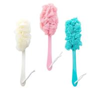 HEMOTON Long-Handled Bath Brush 3Pcs Set with Soft Bristles and Mesh Pouf for Universal Household Bathing