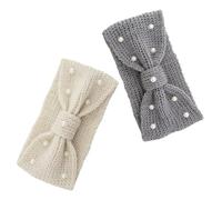 HEMOTON Pearl Knitted Headband with Bowknot, 2pcs Winter Ear Warmers for Women, Thick Crochet Turban Hairbands in Dark Grey for Cold Weather and Outdoor Use
