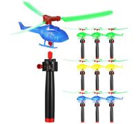 HEMOTON Pull String Helicopter Toys Set 9Pcs Outdoor Flying Toys with Handheld Launcher Easy Launch Helicopter Figures for Kids Party Favors and Active Play