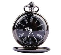 HEMOTON Retro Classic Roman Numerals Dual Display Round Pocket Watch with Black Dial and Thin Chain, Steampunk Style Vintage Men’s Accessory for Daily Wear and Collectors