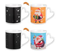 HEMOTON Set of 2 Christmas Colour Changing Mugs, 12oz Heat Sensitive Magic Coffee Cup with Heart Handle, Ceramic Xmas Tea Cups Featuring Santa Snowman, Secret Santa Present for Couples