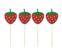 HEMOTON Strawberry Cake Toppers Cloth Material 12pcs with Glitter Design and 10cm Bamboo Sticks, Practical Cake Decoration for Party Use and Decoration
