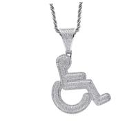 HEMOTON Wheelchair User Shaped Pendant Necklace with Cubic Zirconia Inlay Silver Hip Hop Fashion Chain for Men and Women Accessory
