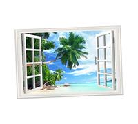 HEMOTON Window Stickers 3D Fake Window Art Tree Beach Wall Art Wall Mural Removable Wall Paper Faux Sticker Wallpaper Vinyl Household