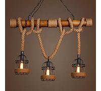 Hemp Rope Pendant Lamp Vintage Bamboo Chandelier 3 Heads Retro Iron Cage Pendant Ceiling Light E27 Adjustable Height Light Fixture for Industrial Loft Kitchen Island Living Room Dining Room Cafe Bar