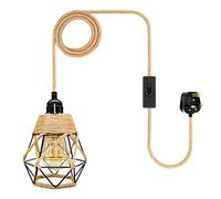 Hemp Rope Plug in Pendant Lighting Kit, 510 CM Cable E27 Lamp Holder with Switch und Diamond Shaped Metal Lampshade, Plug in Ceiling Light, Vintage Hanging Light, Rope Cord Light Fitting, No Bulb
