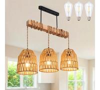 HEMVOR Rattan Kitchen Island Lighting, Farmhouse 3-Light Island Lighting, 3 E27 Bulb, DIY Adjustable Height Hanging Lights for Living Room, Dining Room, Bedroom, Kitchen & Hallway