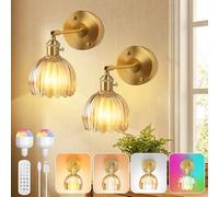 HEMVOR Set of 2 Vintage Battery Operated Wall Lights, Magnetic Light Bulb & Remote Dimmable 12 RGB - 3 Color Temperatures LED with Amber Tulip Glass, Gold Wall Lights for Bedroom Living Room Hallway