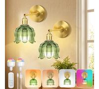HEMVOR Set of 2 Vintage Battery Operated Wall Lights, Magnetic Light Bulb & Remote Dimmable 12 RGB - 3 Color Temperatures LED with Amber Tulip Glass, Gold Wall Lights for Bedroom Living Room Hallway