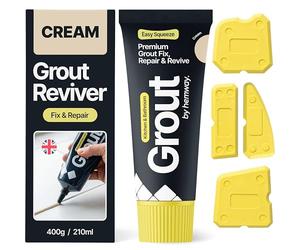 Hemway Cream Grout Reviver Kit 400g with 4 Piece Profiling Tool Kit | Ready Mixed Grout Repair 400g / 210ml, Wall & Floor Tile Adhesive, Kitchen Bathroom Shower, Anti-Mould, Fast Drying
