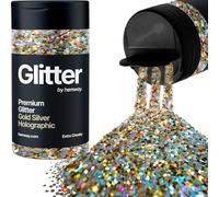 Hemway Holographic Gold Silver Glitter Shaker, 130g Extra Chunky Glitter, Crafts 1/24" Metallic Flake Gold Gold Silver Sequins, Resin & Epoxy Crafts, Decorating, Halloween, Christmas, Nail, Face