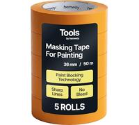 Hemway Masking Tape for Painting, Pack of 5, Orange 50m x 3.6cm Wide Painters Tape with Blocking Technology for Sharp Lines & No Paint Bleed, Decorating Tools Artists Decorators DIY