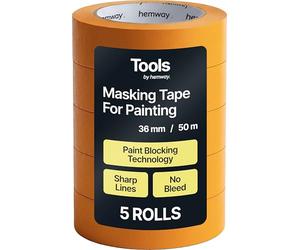 Hemway Masking Tape for Painting, Pack of 5, Orange 50m x 3.6cm Wide Painters Tape with Blocking Technology for Sharp Lines & No Paint Bleed, Decorating Tools Artists Decorators DIY