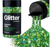 Hemway Premium Glitter Shaker - Emerald Green Holographic | 120g Multi Size Metallic Flake Sequins for Resin & Epoxy Crafts | Craft Supplies for Tumblers, Festival, Hair, Face, Body & Nail Art